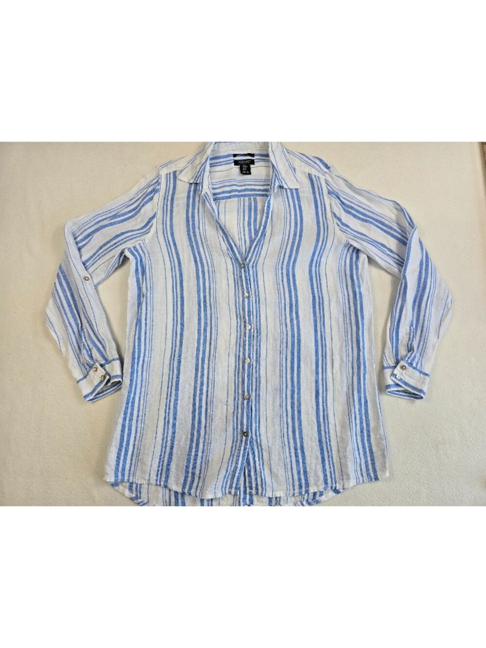 Jones & Co Womens Medium 100% Linen Striped Button-Up Shirt Long Sleeve